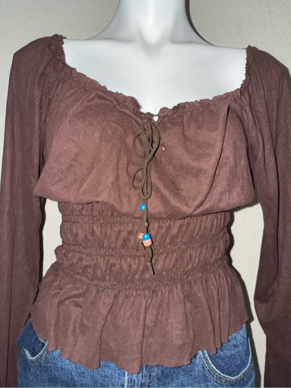Bohemian Women's Brown Peasant Smocked Waist Top